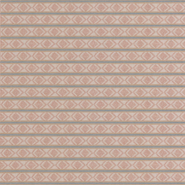 Muted coral and aqua diamond stripes in a finely textured woven ground