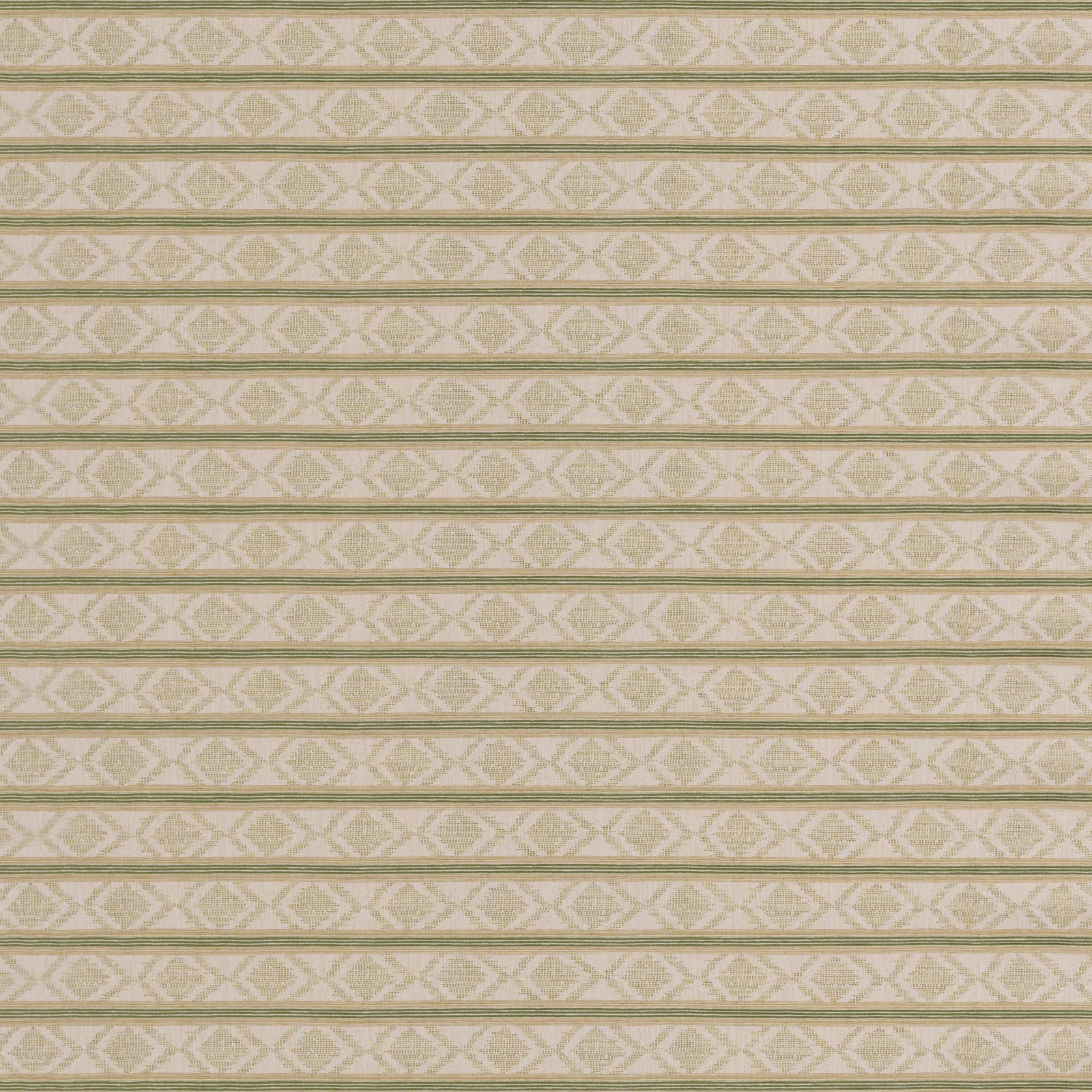 Muted sage green woven fabric with cream geometric diamond stripes
