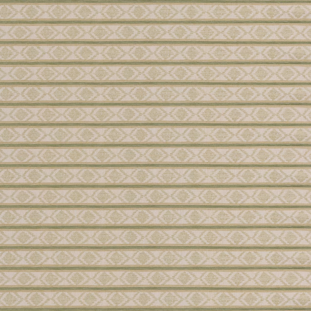 Muted sage green woven fabric with cream geometric diamond stripes