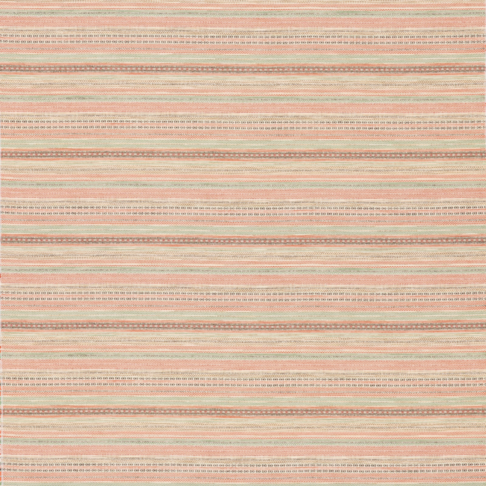 Muted coral red and sage green horizontal woven stripes with fine ivory detailing