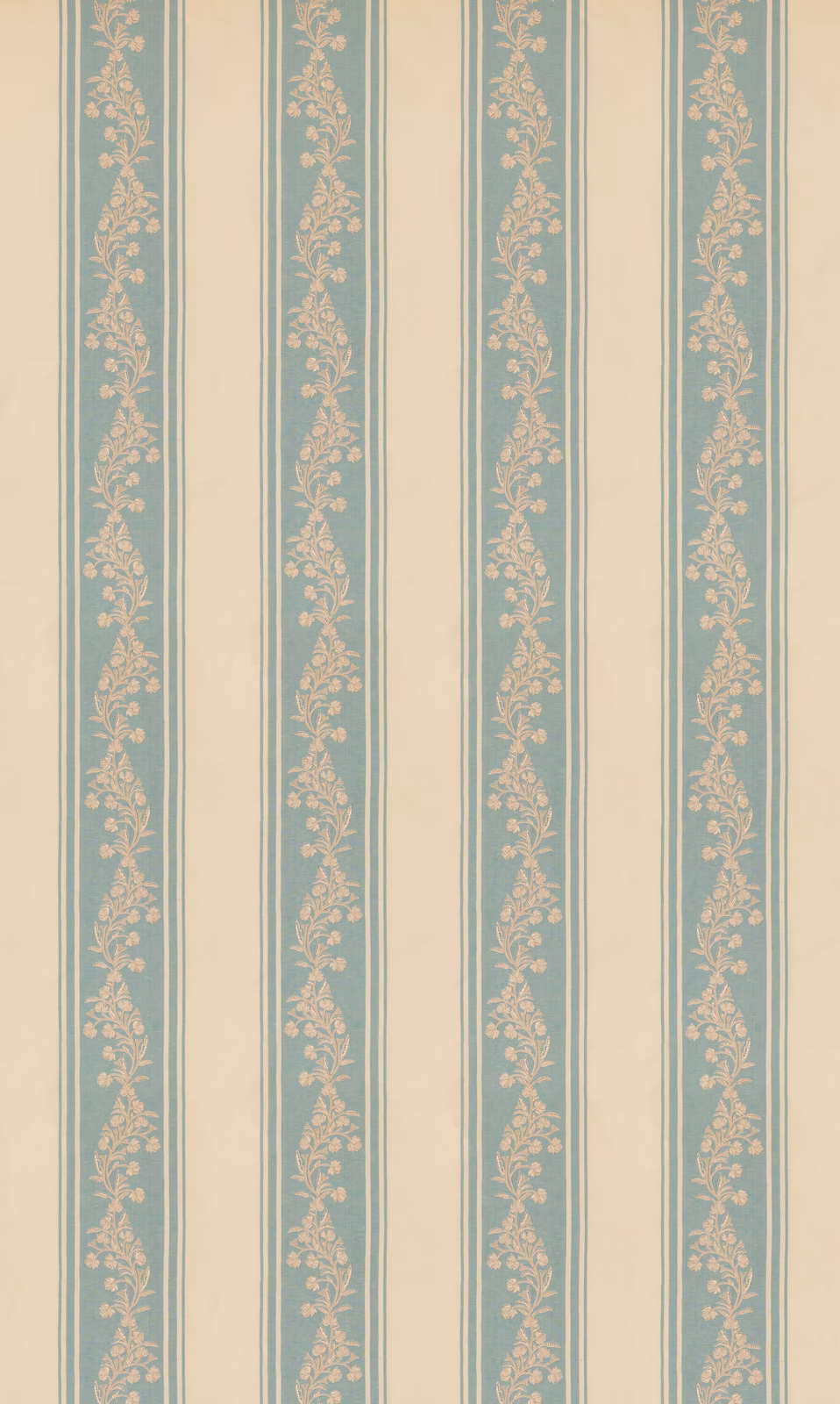 Muted aqua-blue vertical stripes with ivory floral vines on a softly woven ground