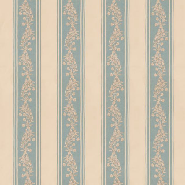 Muted aqua-blue vertical stripes with ivory floral vines on a softly woven ground