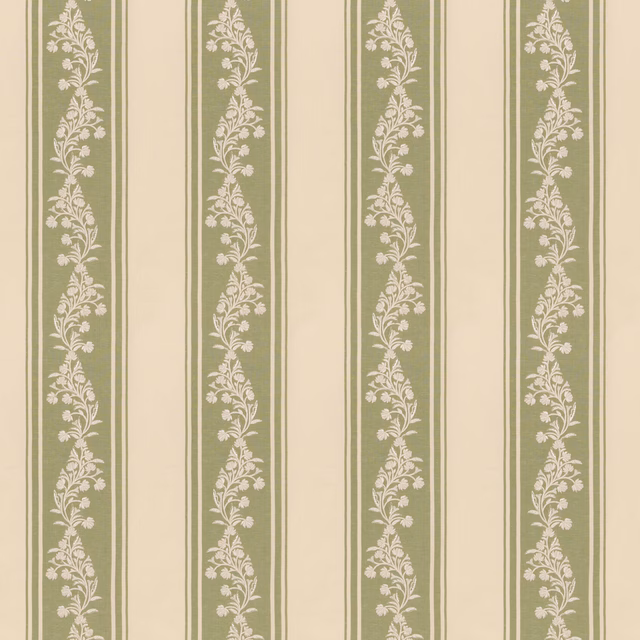 Muted sage-green and cream vertical stripes with delicate trailing floral vines