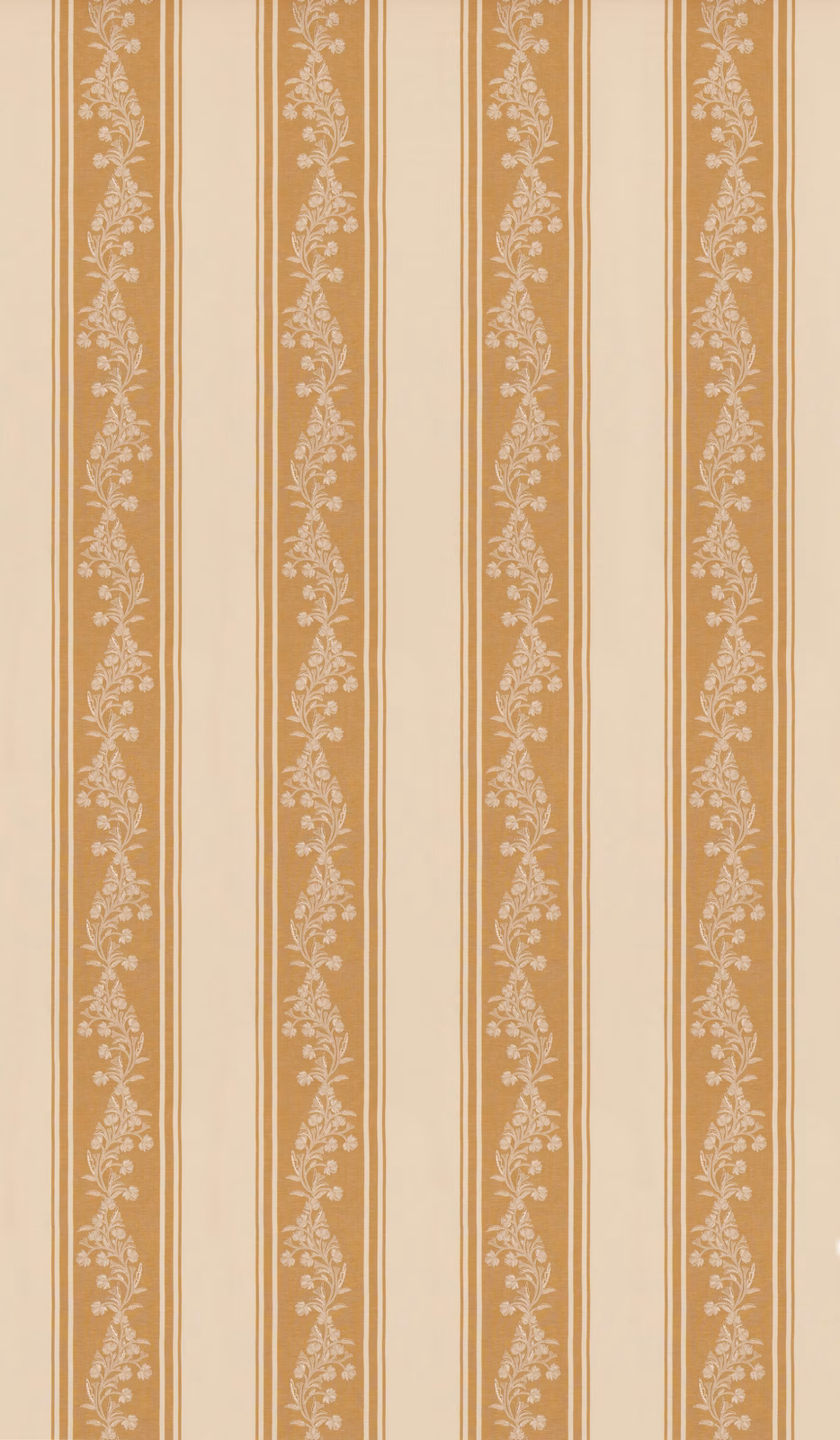 Warm ochre striped fabric with cream floral vines and fine vertical pinstripes