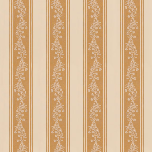Warm ochre striped fabric with cream floral vines and fine vertical pinstripes