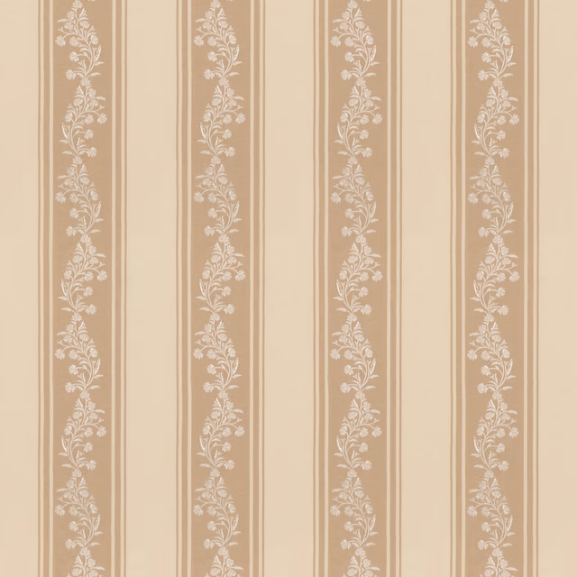 Warm parchment beige stripe fabric with delicate off-white trailing floral vines