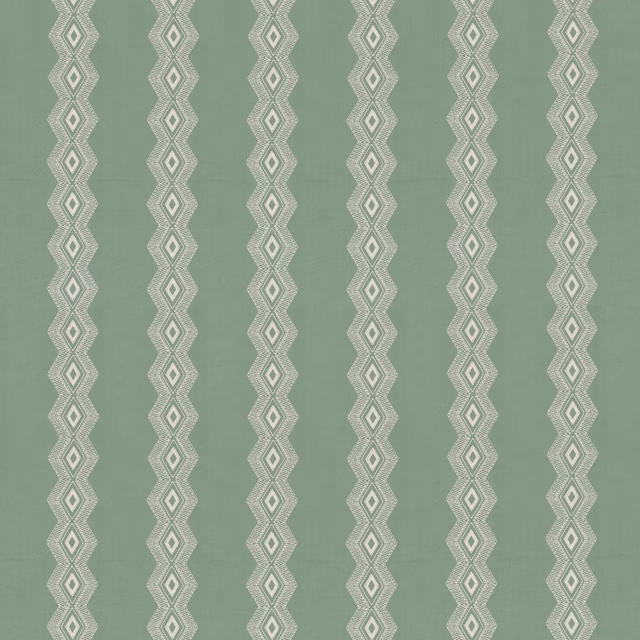 Muted aqua textile with ivory geometric diamond stripes in vertical bands