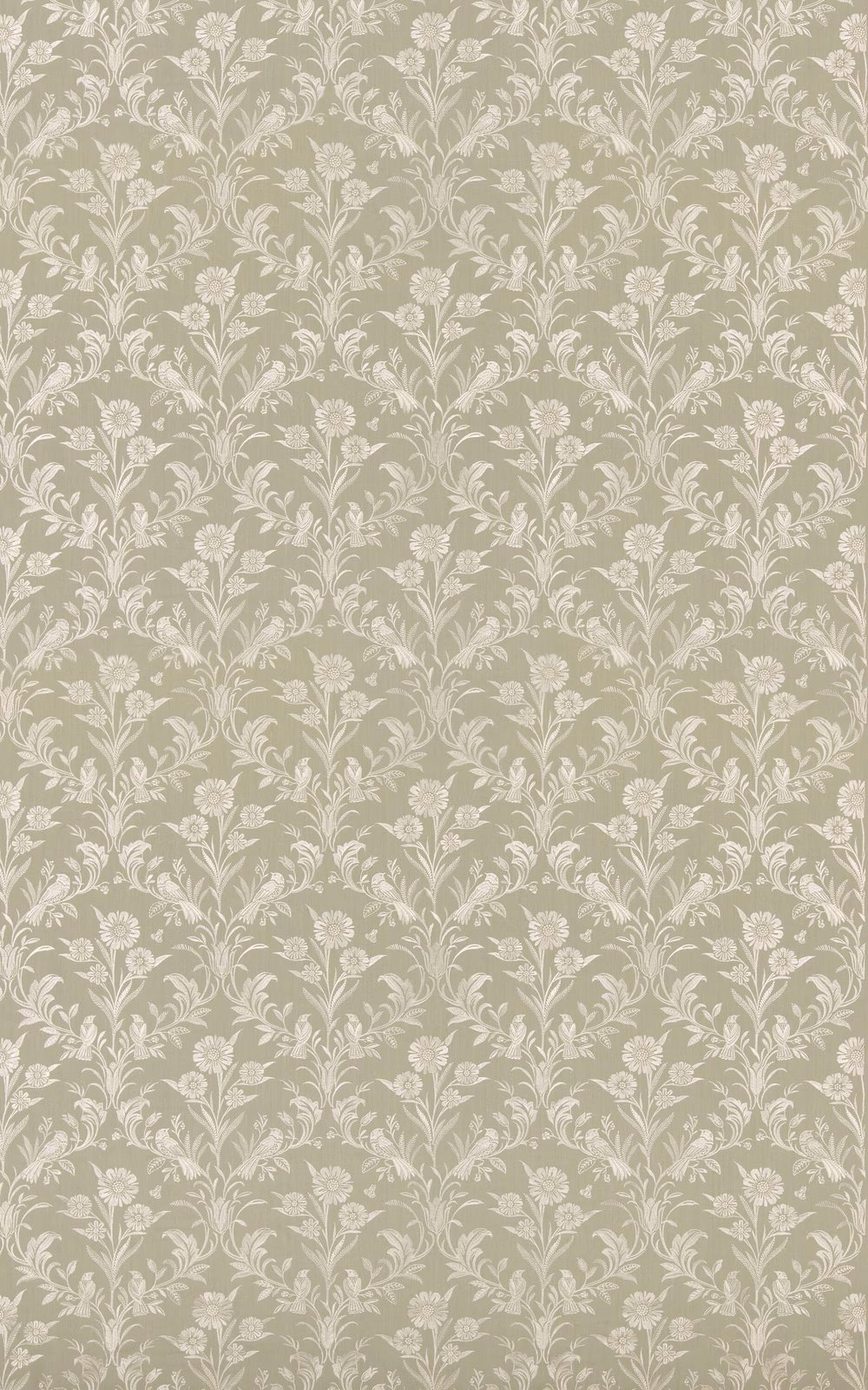 Muted aqua ground with ivory scrolling floral stems and blossom motifs