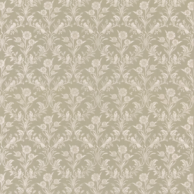 Muted aqua ground with ivory scrolling floral stems and blossom motifs