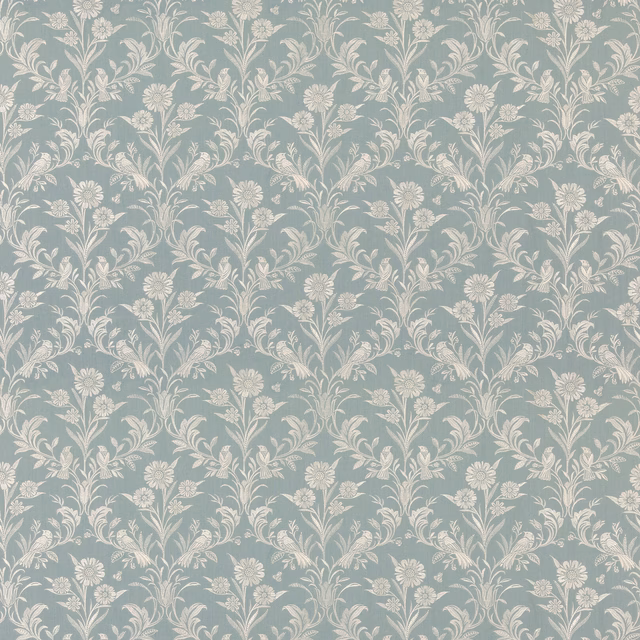 Muted blue-grey fabric with repeating ivory climbing stems, leaves and small flowers