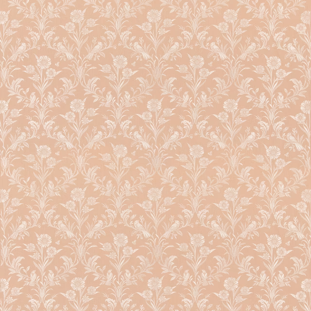 Warm blush fabric with ivory scrolling stems and small floral clusters