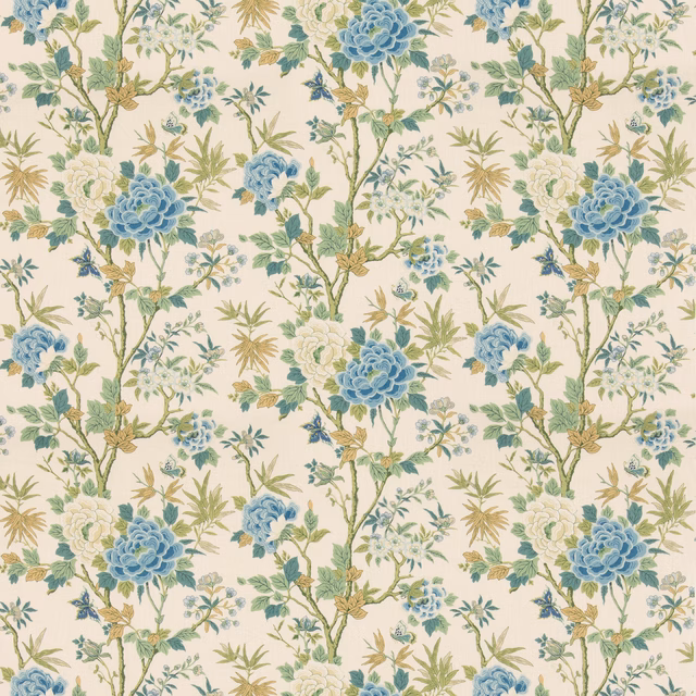 Ivory floral fabric with blue rosettes, olive foliage and fine tan branching stems