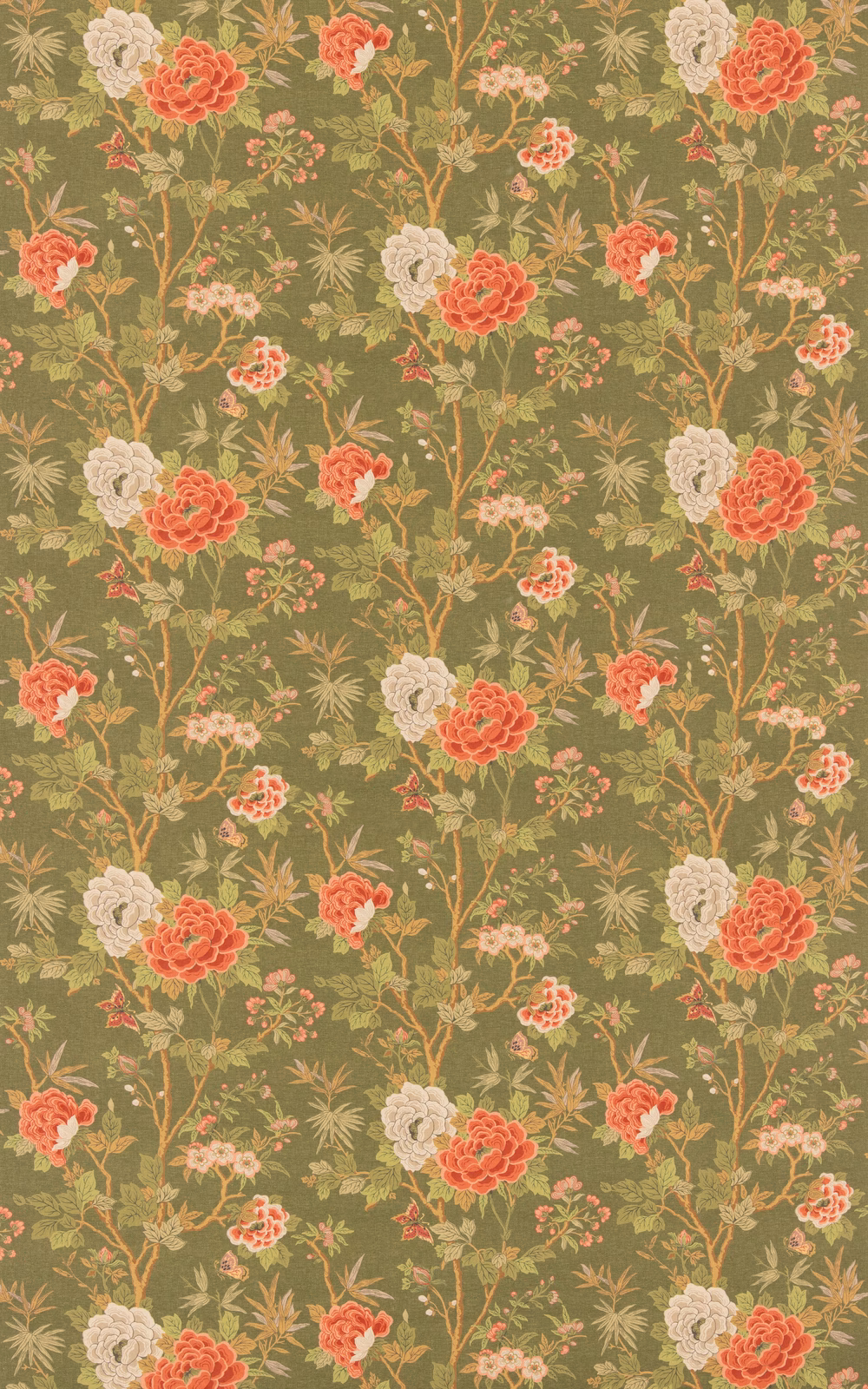 Muted olive floral fabric with coral peonies, ivory blooms and delicate tan foliage