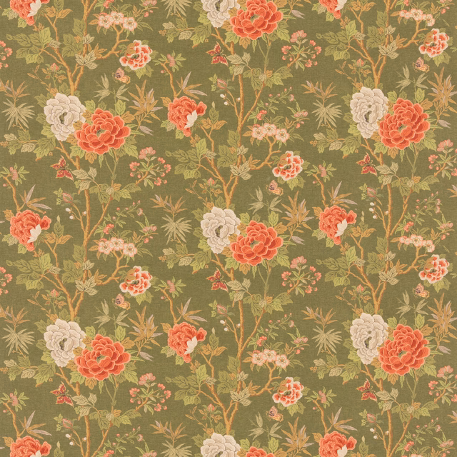 Muted olive floral fabric with coral peonies, ivory blooms and delicate tan foliage