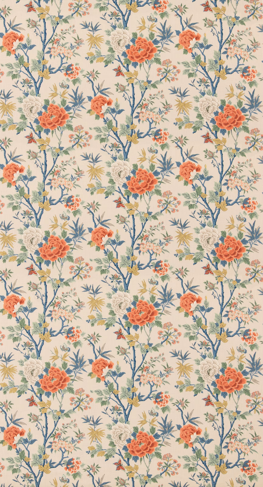 Cream floral fabric with coral-red blooms, blue branches and muted yellow sprays