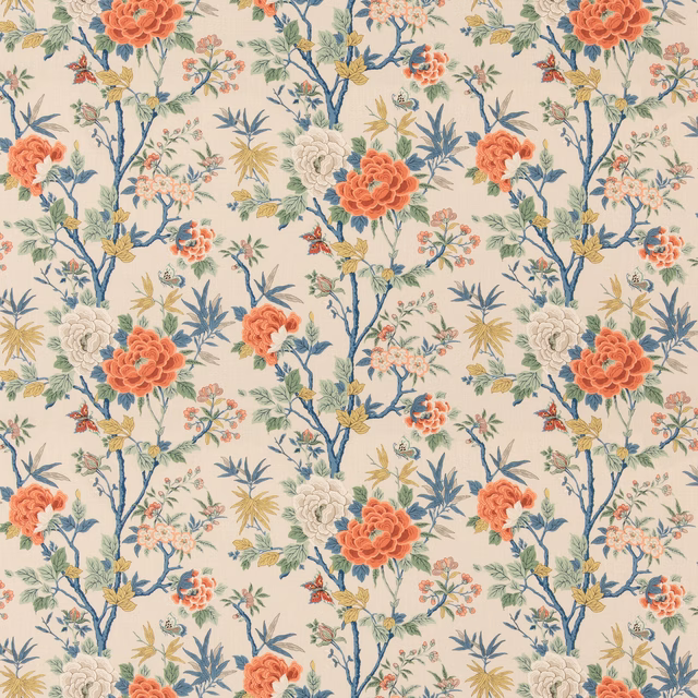 Cream floral fabric with coral-red blooms, blue branches and muted yellow sprays