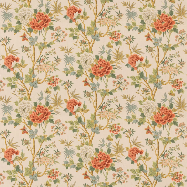 Cream floral textile with coral-red blooms, sage foliage and fine winding stems