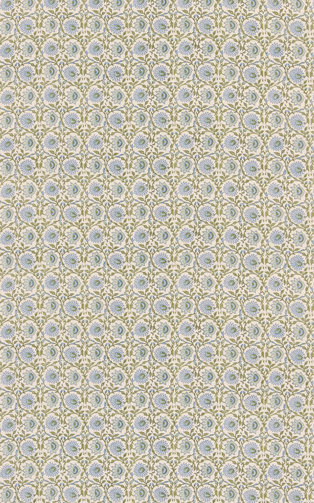 Pale blue-green linen with tiny cream floral medallions and visible slub texture