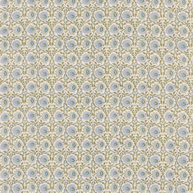 Pale blue-green linen with tiny cream floral medallions and visible slub texture