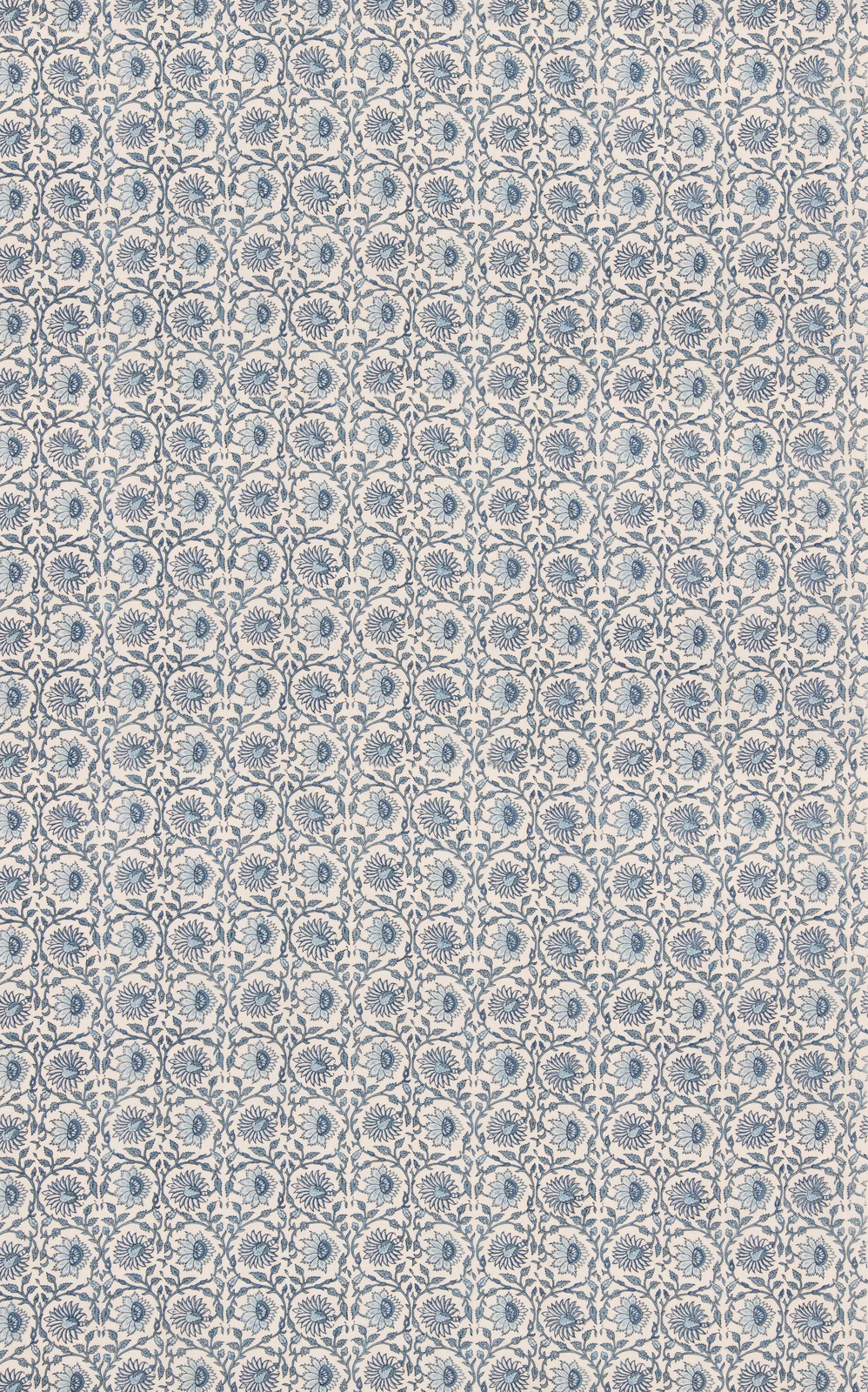 Pale linen with dense muted indigo floral and scrolling botanical repeat