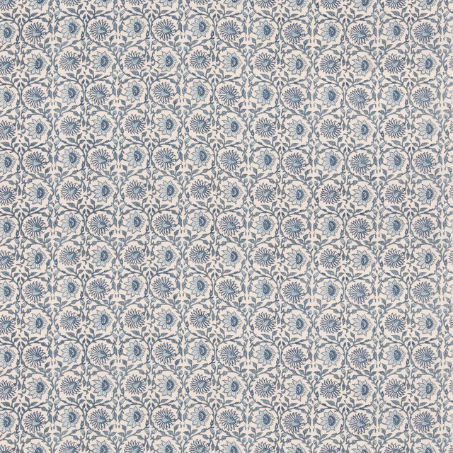 Pale linen with dense muted indigo floral and scrolling botanical repeat