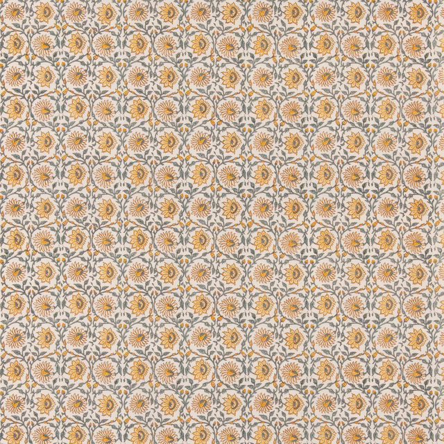 Small ochre and muted teal floral repeat on textured cream linen