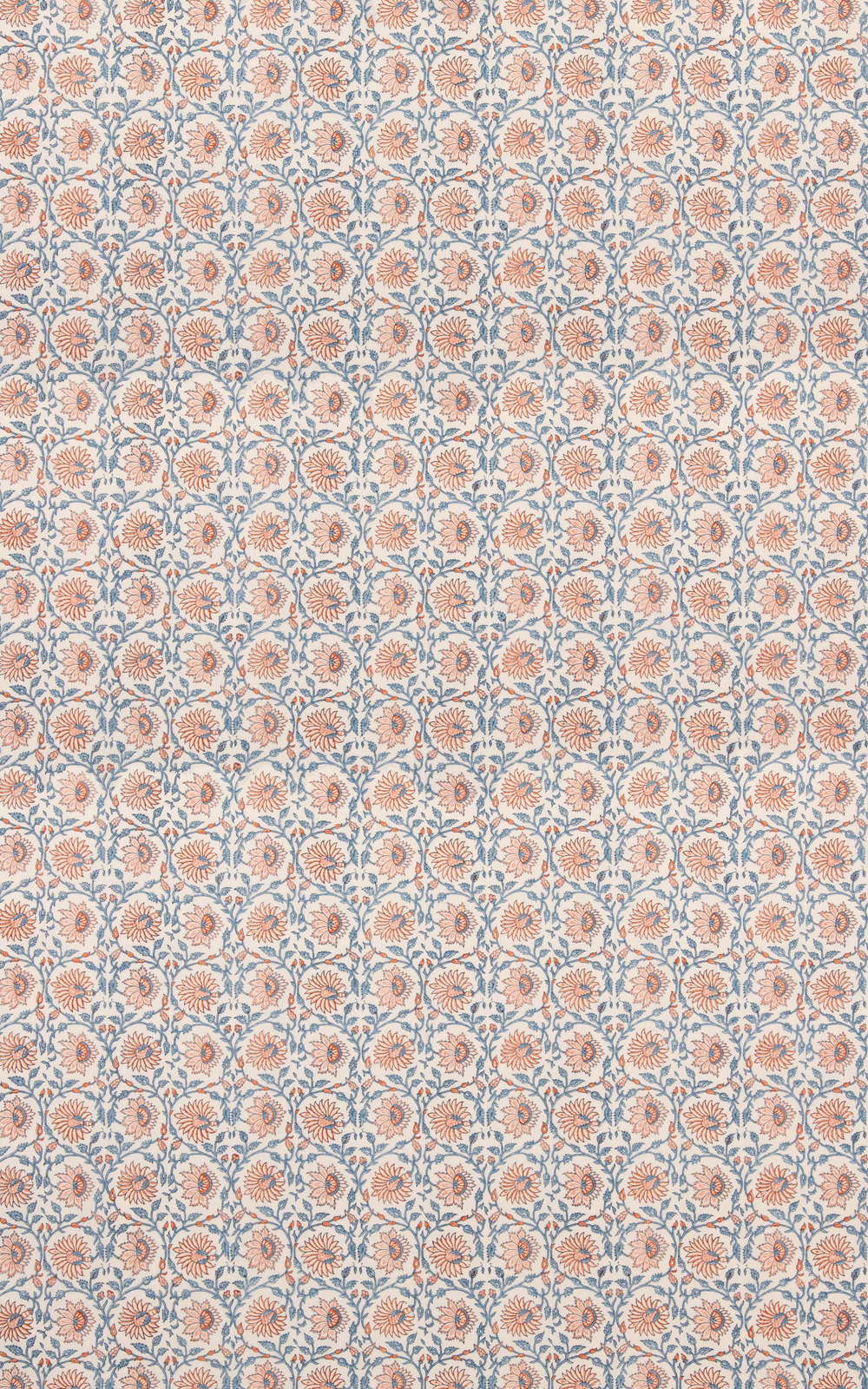 Pale linen swatch with repeating dusty red medallions and muted blue details