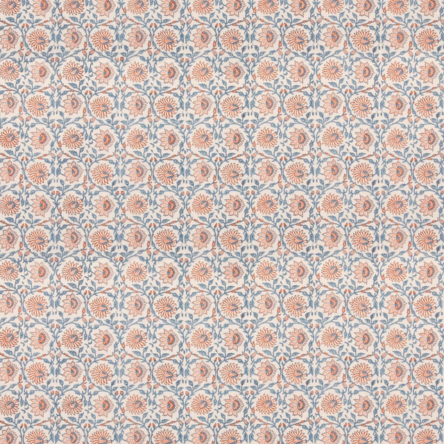 Pale linen swatch with repeating dusty red medallions and muted blue details