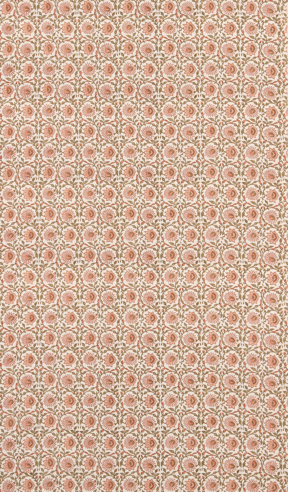 Ivory linen with repeating dusty red flowers and muted green foliage