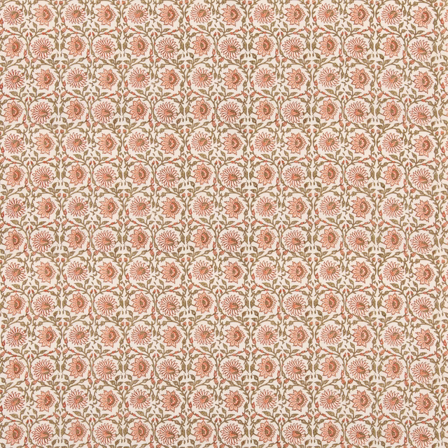 Ivory linen with repeating dusty red flowers and muted green foliage