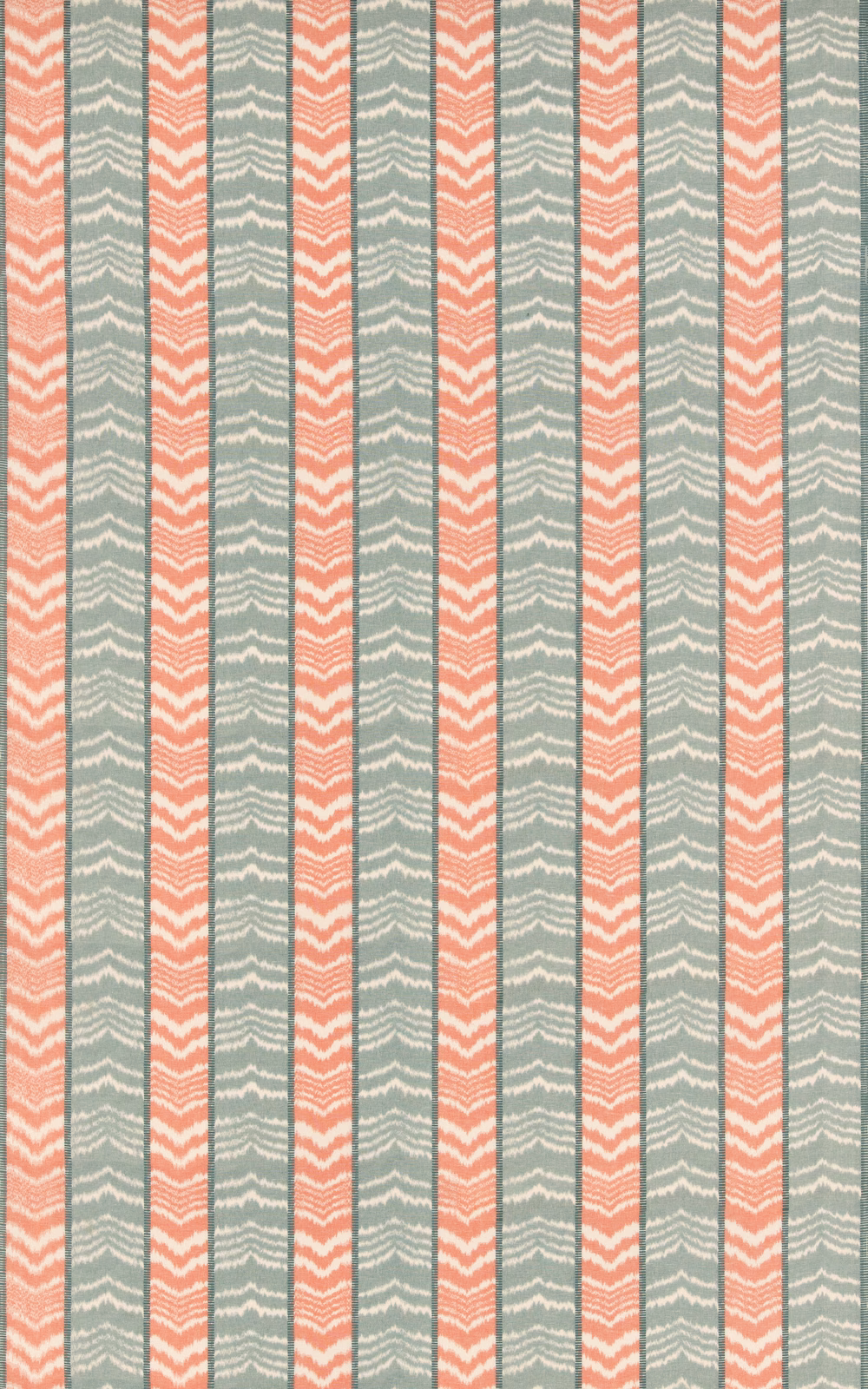 Muted aqua and coral vertical stripes with broken cream chevrons in woven fabric