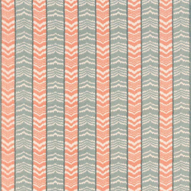 Muted aqua and coral vertical stripes with broken cream chevrons in woven fabric