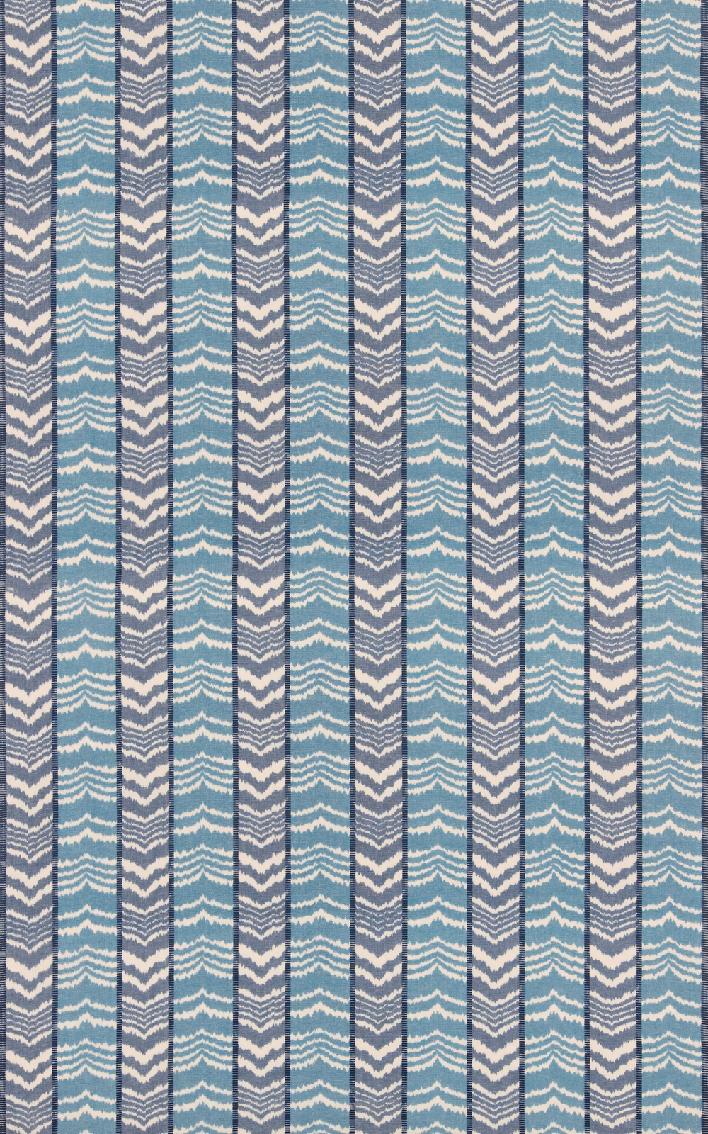 Close view of Henley Blue fabric with blue-grey vertical stripes and ivory wave motifs