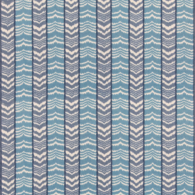 Close view of Henley Blue fabric with blue-grey vertical stripes and ivory wave motifs