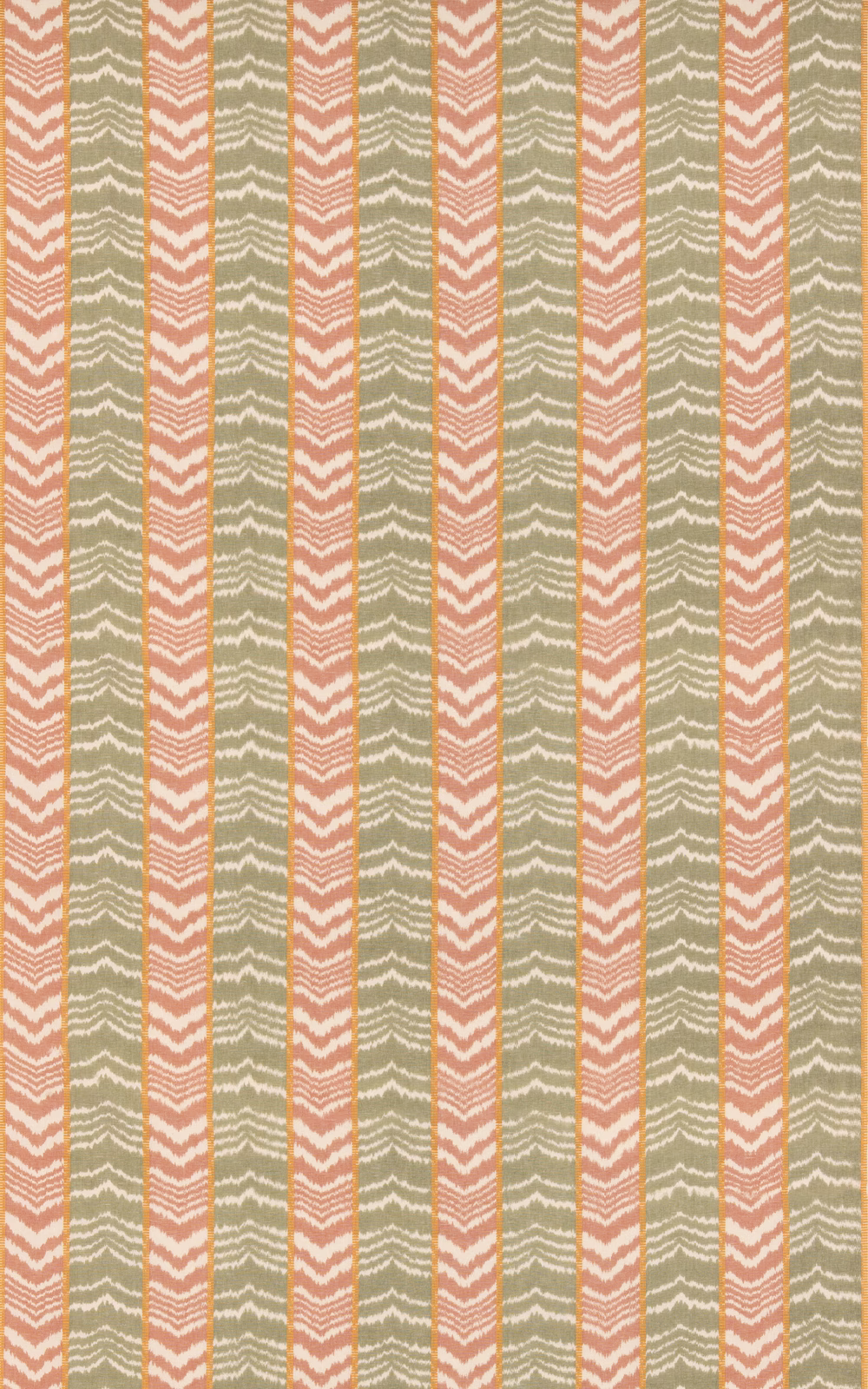 Muted coral and olive vertical stripes with cream zigzag motifs in woven cloth