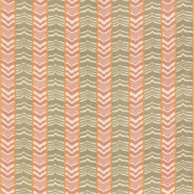 Muted coral and olive vertical stripes with cream zigzag motifs in woven cloth
