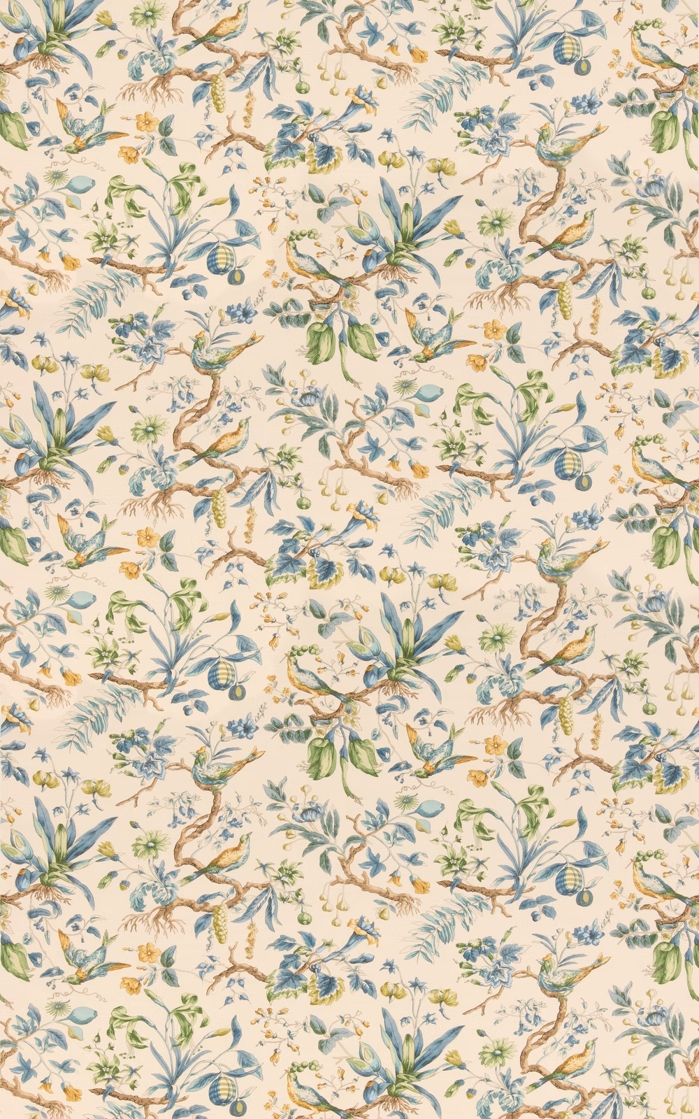 Cream cotton with blue-green birds, leafy branches and muted peach botanical details