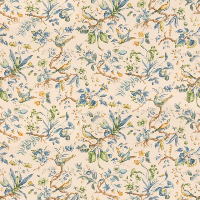 Cream cotton with blue-green birds, leafy branches and muted peach botanical details