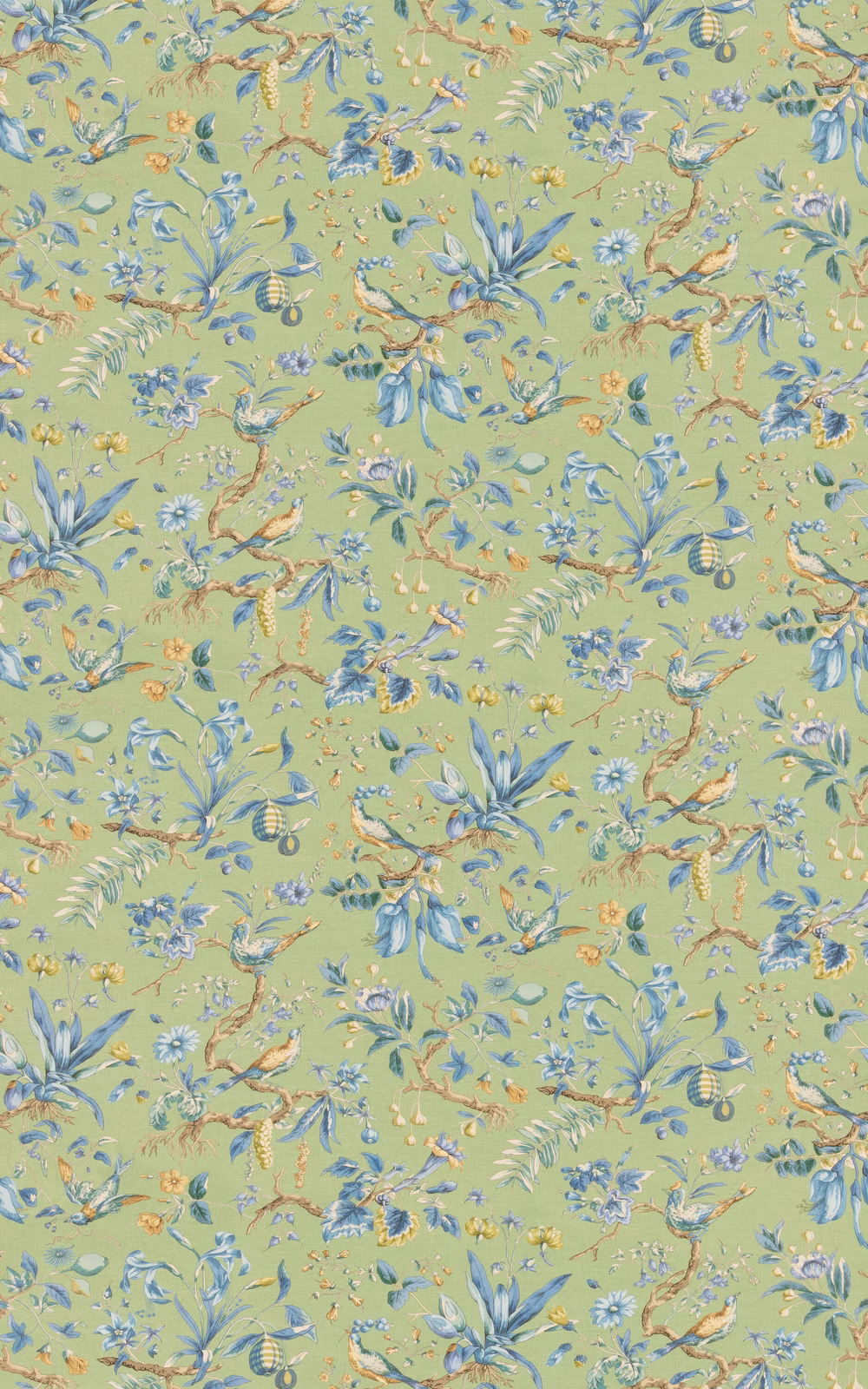 Sage-green botanical ground with blue flowers, leafy sprigs and warm ochre accents