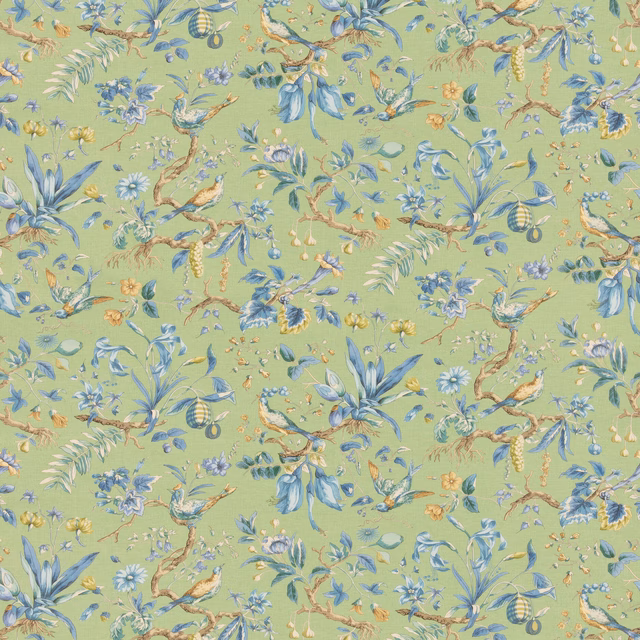 Sage-green botanical ground with blue flowers, leafy sprigs and warm ochre accents