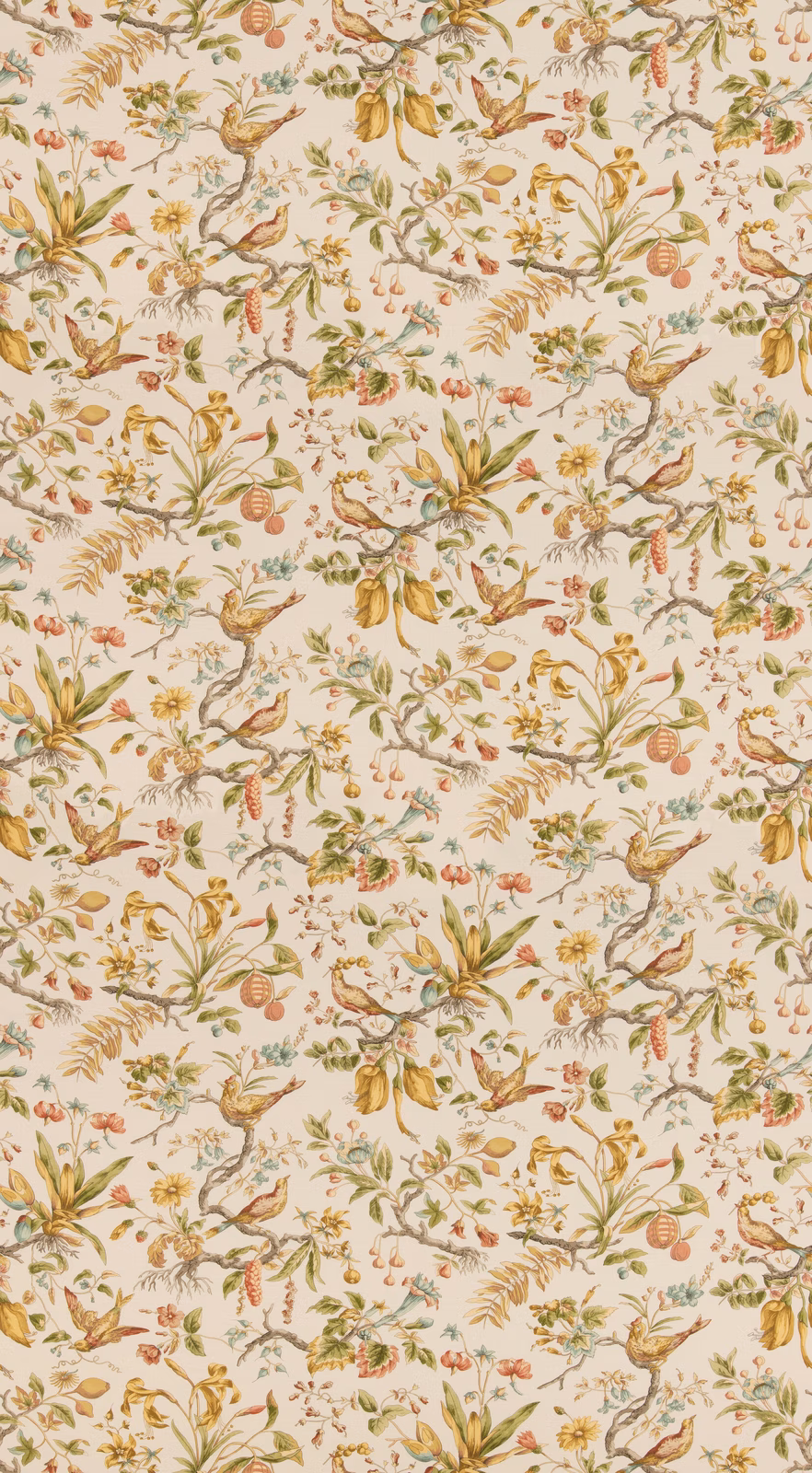 Cream botanical cotton with ochre leaves, soft red flowers, fruit and birds