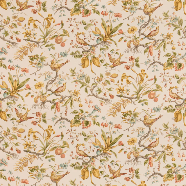 Cream botanical cotton with ochre leaves, soft red flowers, fruit and birds