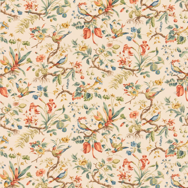 Cream cotton with teal birds, coral flowers and scrolling botanical foliage
