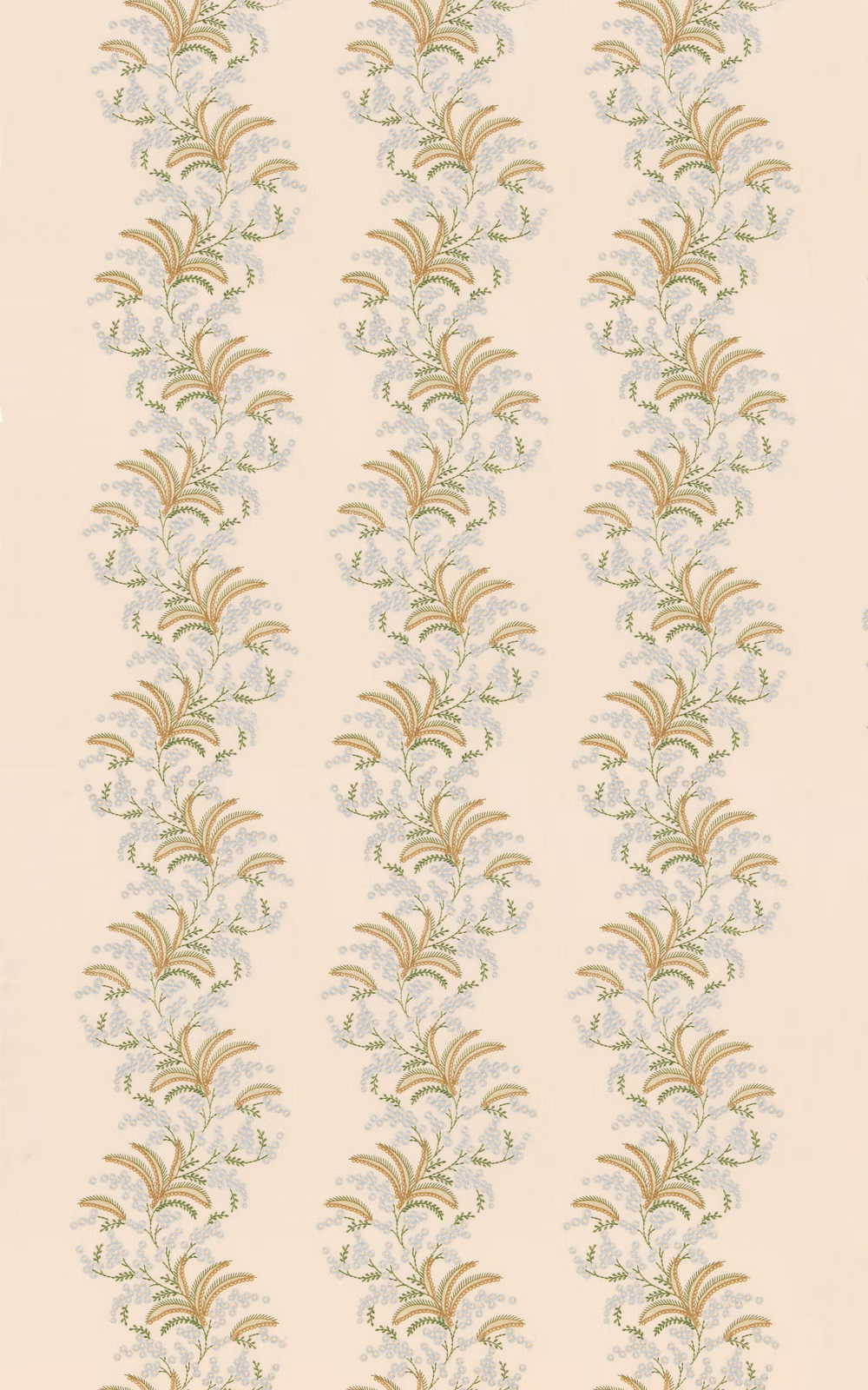 Pale cream textile with repeating aqua, sage and ochre botanical sprays