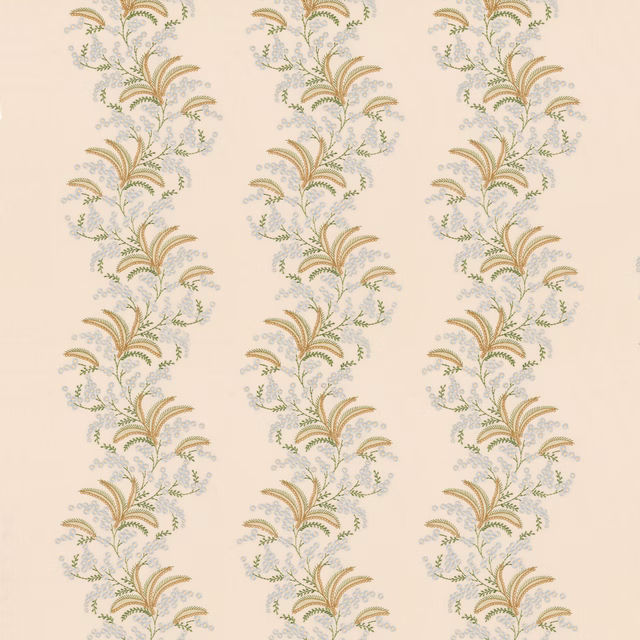 Pale cream textile with repeating aqua, sage and ochre botanical sprays