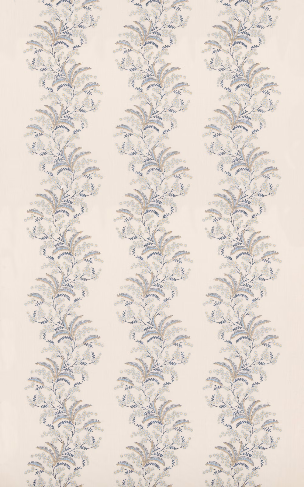 Ivory fabric with repeating delicate blue-grey leafy botanical sprays in vertical columns