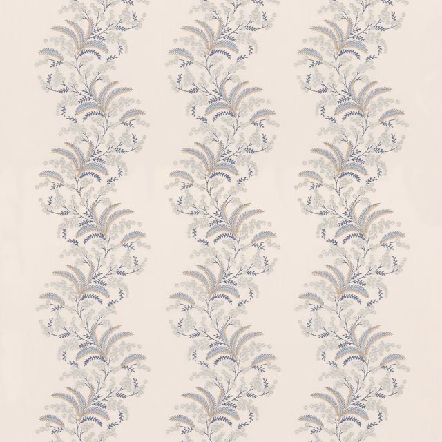 Ivory fabric with repeating delicate blue-grey leafy botanical sprays in vertical columns