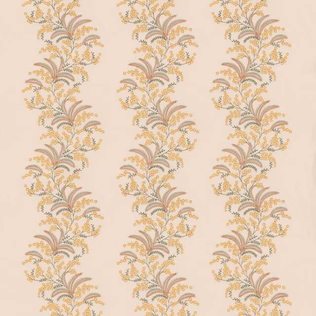 Pale beige fabric with ochre and sage vertical botanical sprays