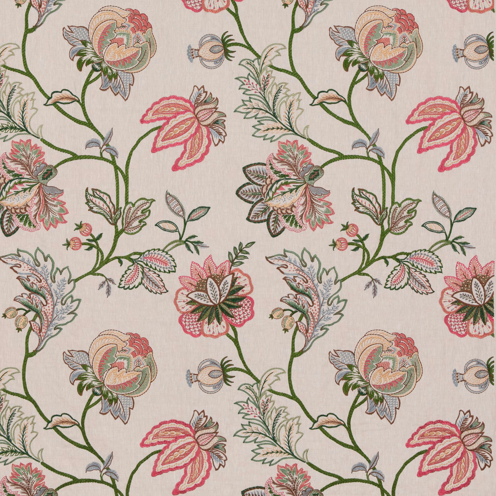 Ivory floral ground with fuchsia blooms, green stems and muted blue-grey leaf details