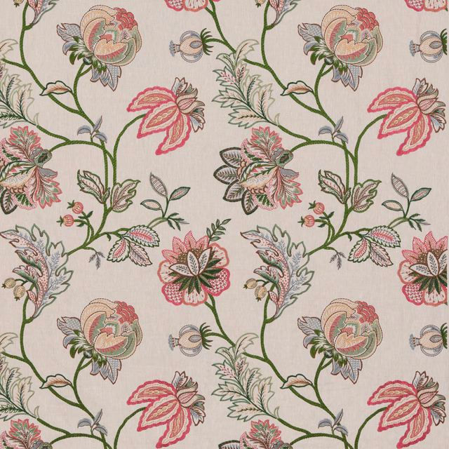 Ivory floral ground with fuchsia blooms, green stems and muted blue-grey leaf details
